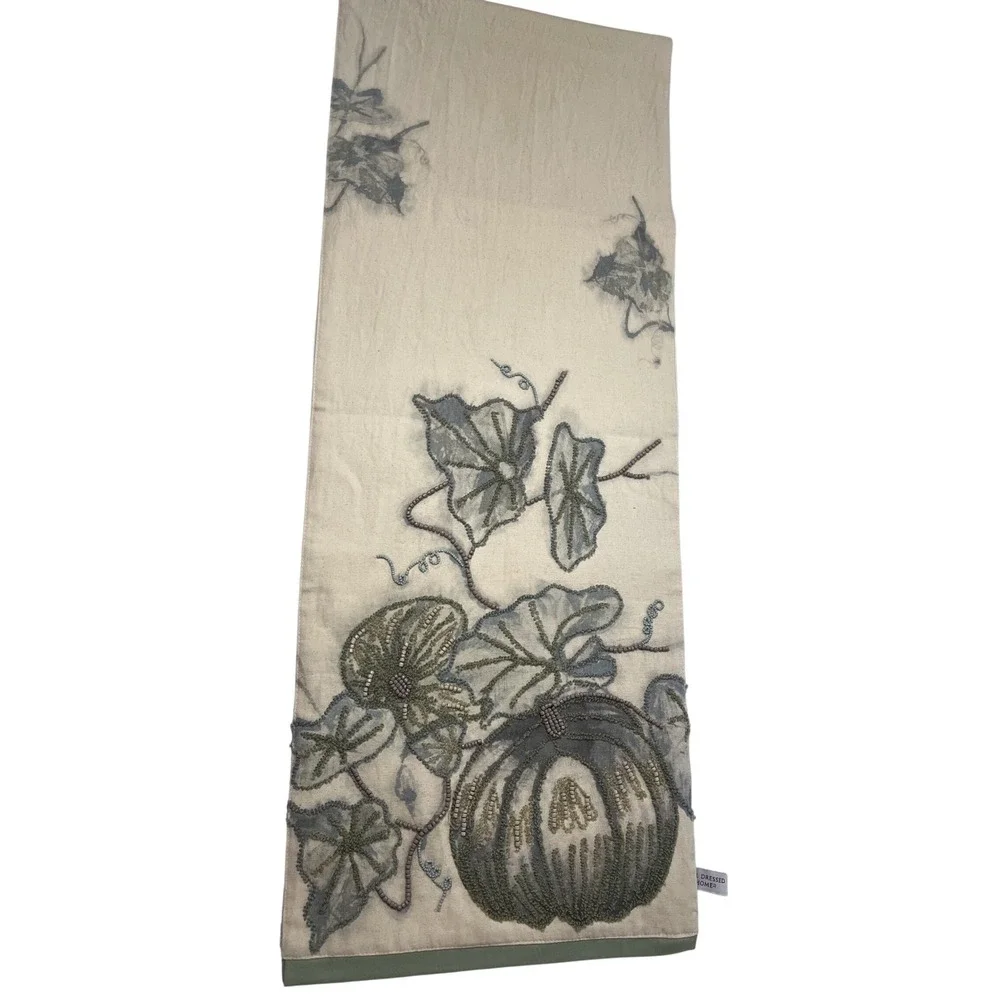 Well Dressed home Embroidered Beaded Farmhouse‎ Fall Pumpkin Table Runner Blue